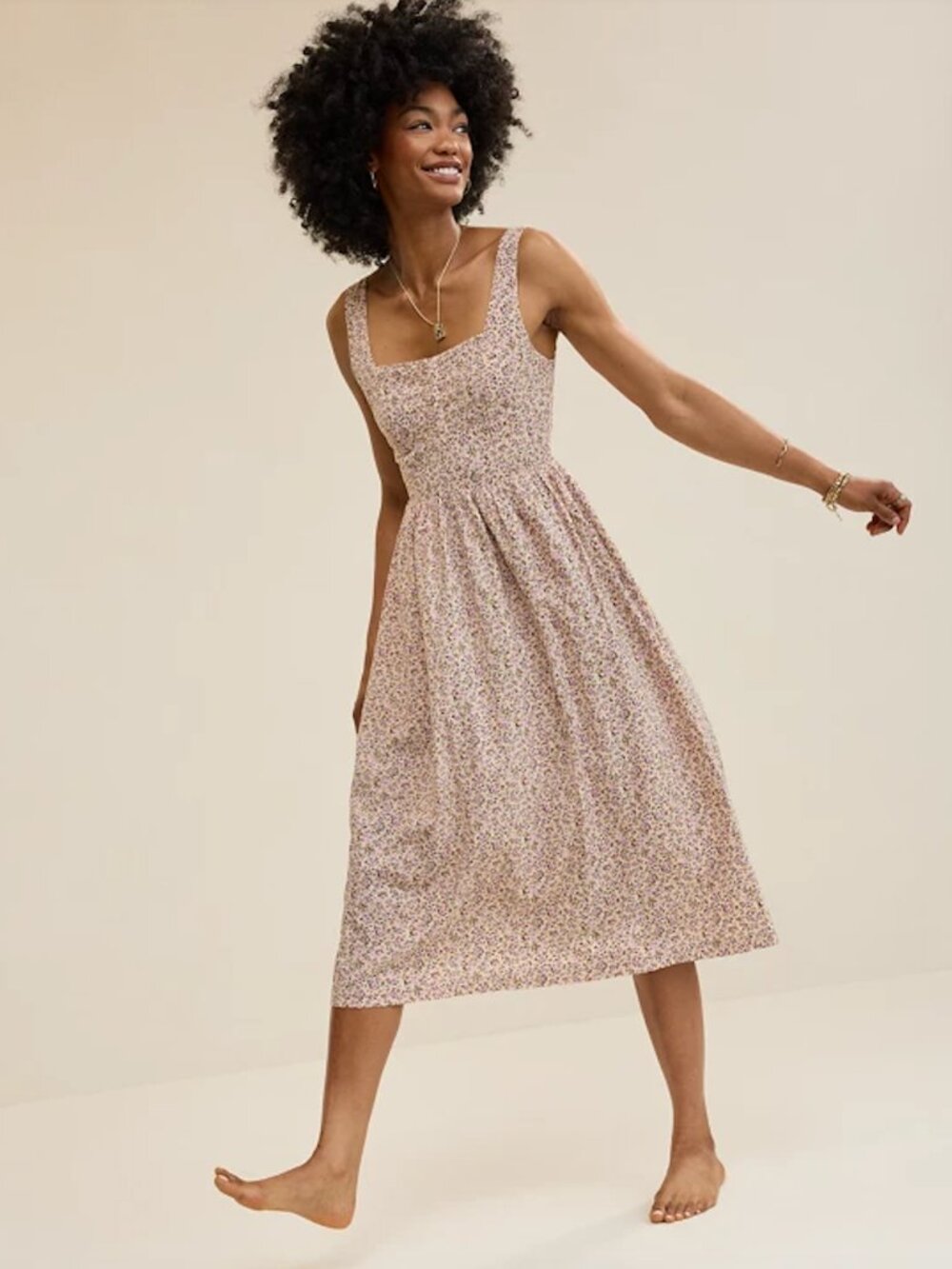 Aerie Floral Corset Midi Dress in Sandbar (Cream & Purple)